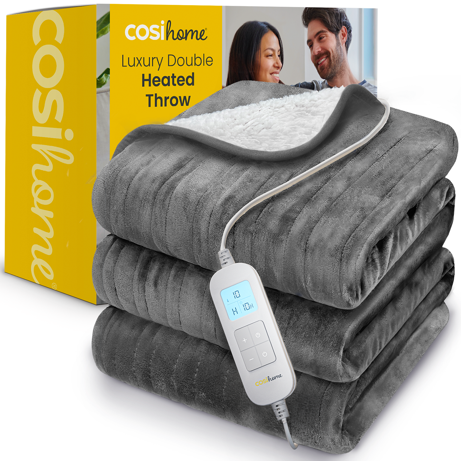 Double Fleece & Sherpa Electric Heated Throw - Grey