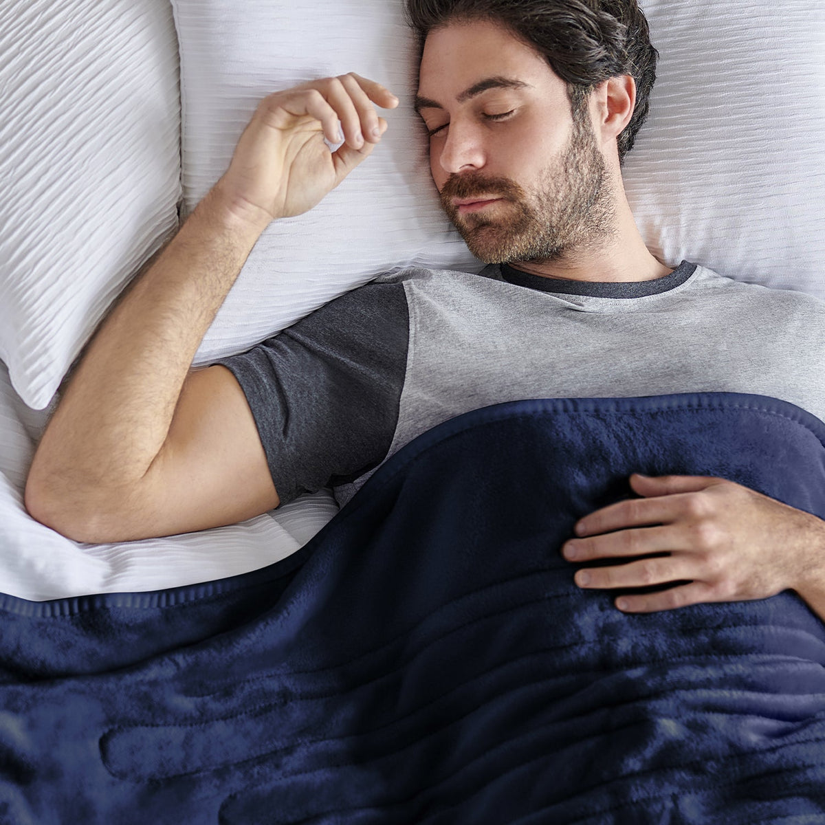 Double Fleece & Sherpa Electric Heated Throw Navy Free Next Day